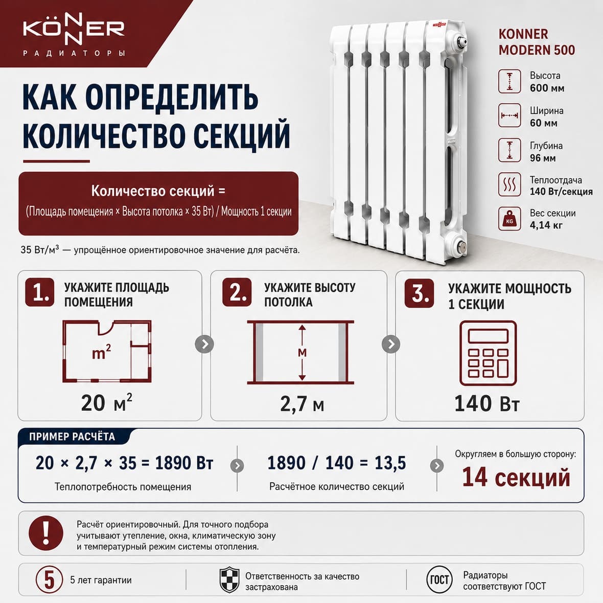 Расчет секций чугунных радиаторов Konner